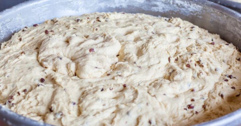 Proofing - Fresh dough with nut pieces in bowl